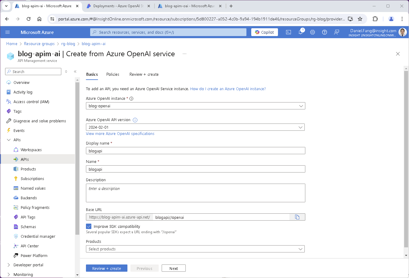 Create APIM API from Azure OpenAI Service