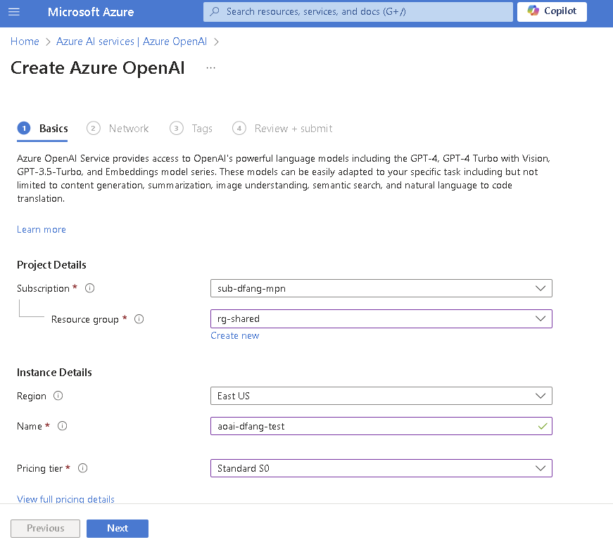 Create Azure OpenAI Service