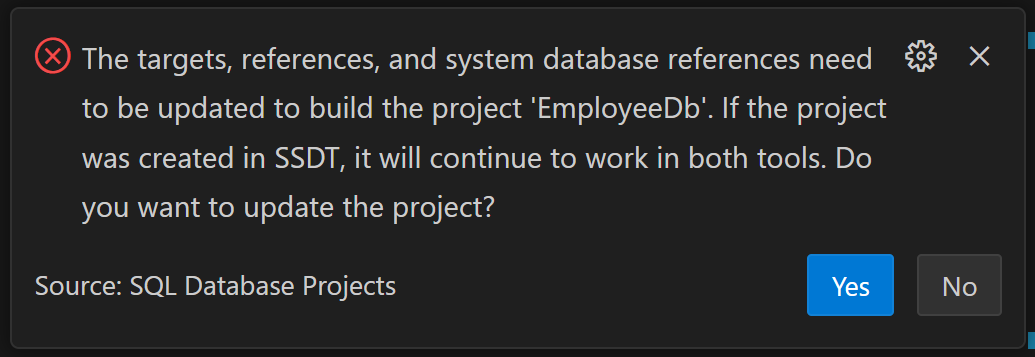 VS Code - Prompt to update database project